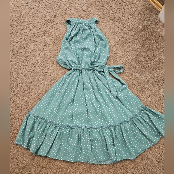 Drape & Ruffle Detailed Green & White Polka Dot Dress, Size Large - Picture 3 of 7